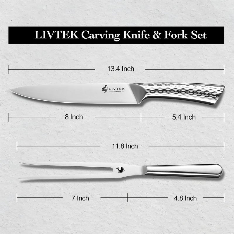 Livtek Carving Knife and Fork Set 8" Slicing Knife and 7" Fork - German High Carbon Stainless Steel - Brisket Slicer, Turkey Carving, BBQ Tools - Thanksgiving Dinner Gift Set - Image 3